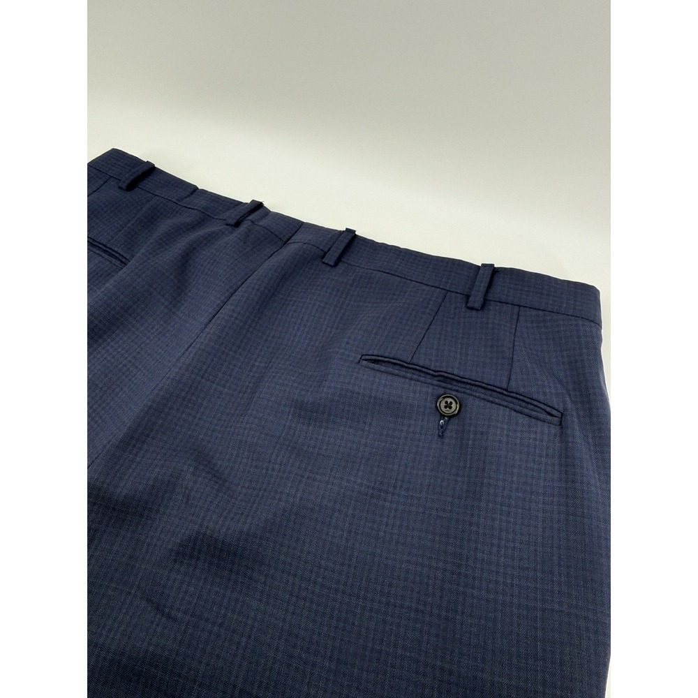 Hickey Freeman Men 40x32 Navy Blue Gingham Check Wool Slacks Trousers